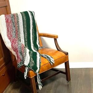 Vintage Crochet Handmade Red Green White Vertical Striped Granny Afghan Throw